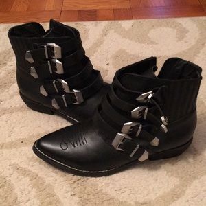 Black faux leather ankle boots western buckles